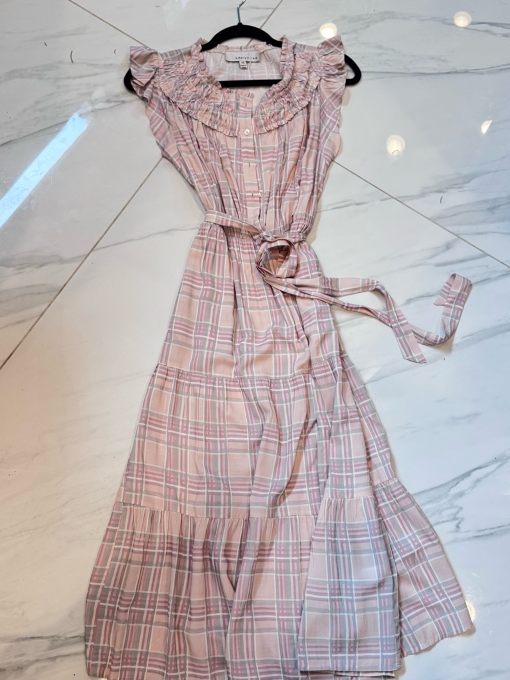 Adelyn Rae Sleeveless Pink Plaid Ruffle Midi Dress with Waist Tie, XS - Picture 9 of 10